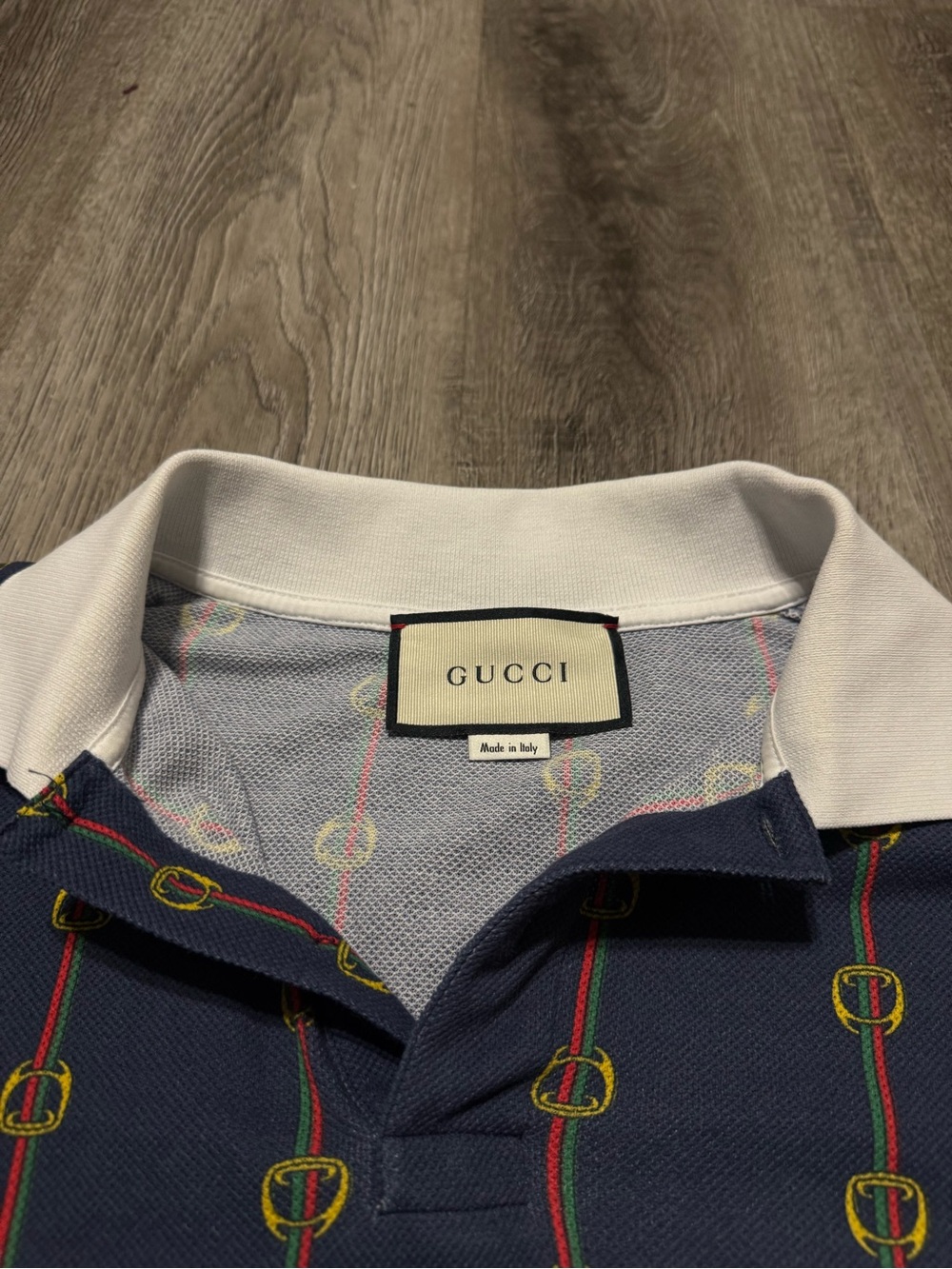 Gucci Printed Collar Navy Blue Polo Shirt Men’s Size XL NWOT - Picture 2 of 6